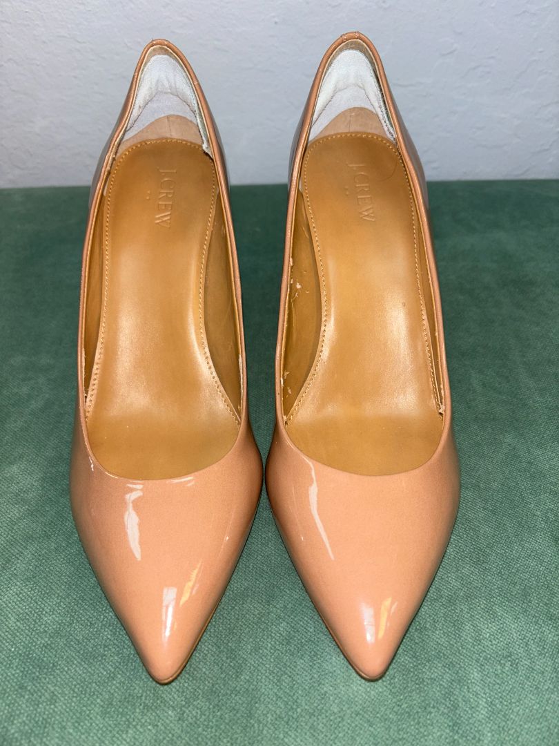J.Crew Women's Tan Nude Patent High Heel Pumps - elegant pointed toe shoes with a 3-inch heel, perfect for professional, formal, and evening wear.