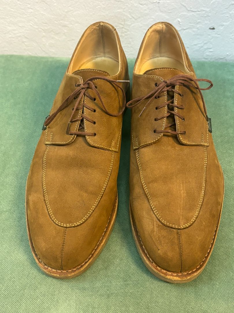 Paraboot men’s brown suede lace-up shoes, size 9.5 US, with rubber sole and classic silhouette