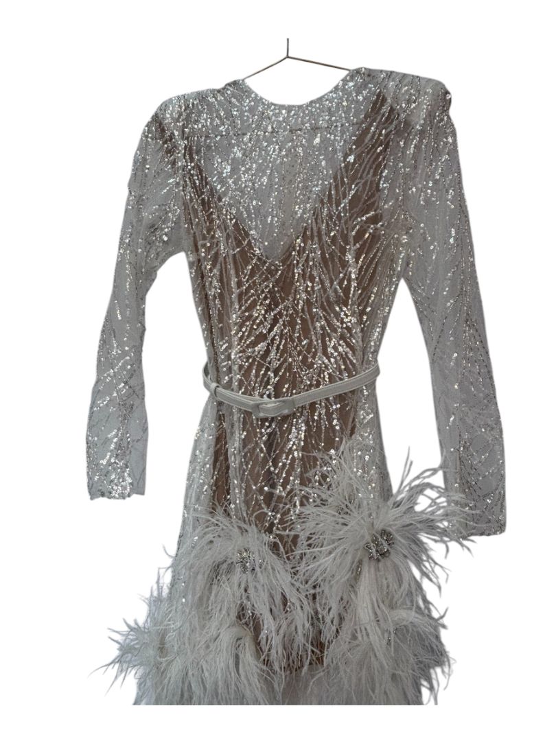 white and silver Nadine Merabi feather embelished dress with tags NEW, S/M