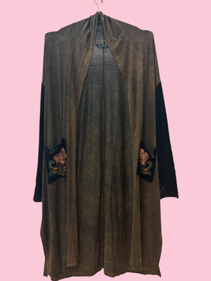 brown multi T party open cardigan, S