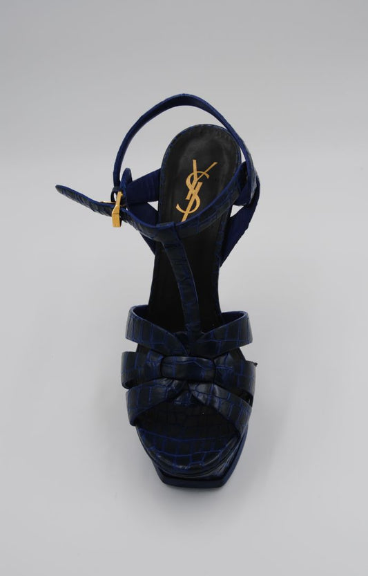 Saint Laurent Calfskin Crocodile Embossed Tribute 105 Platform Sandals in Marinette
Saint Laurent calfskin crocodile embossed Tribute 105 platform sandals, women’s size 38 in Marinette, luxury designer heels with buckle ankle strap and 105mm stiletto heel