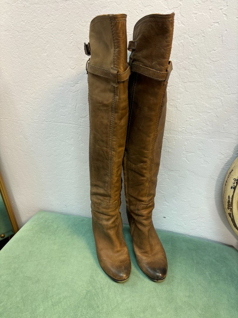 Sam Edelman distressed knee-high boots for women with stacked heel and vintage-inspired leather finish