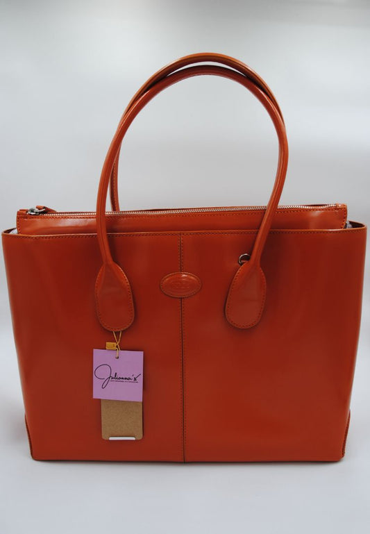 TOD'S D-Bag medium orange leather tote with double handles and fine stitching detail