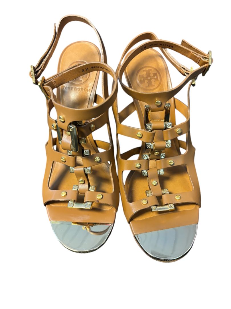 Tory Burch women’s sandals in camel leather with gold-tone accents, size 8
