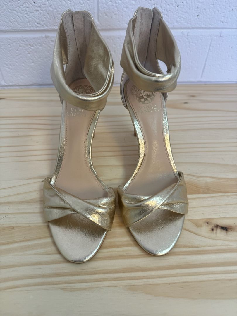 Vince Camuto gold strappy sandals for women with open toe and stiletto heel