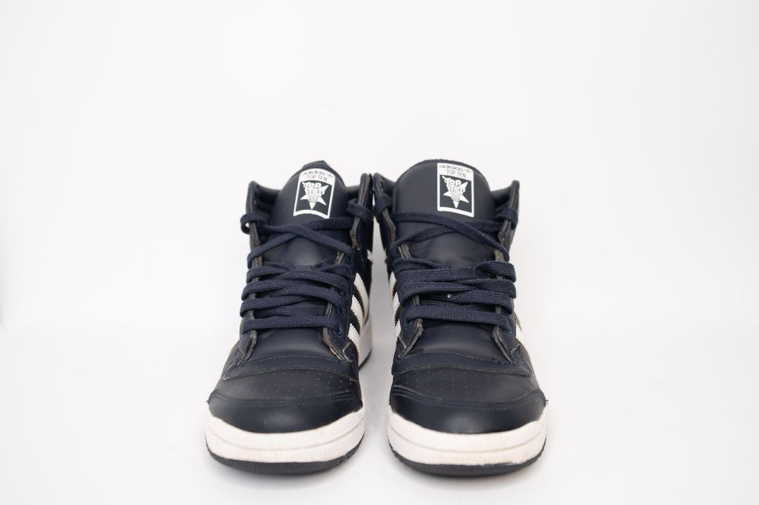 blue navy Adidas high top sneakers, 5W
