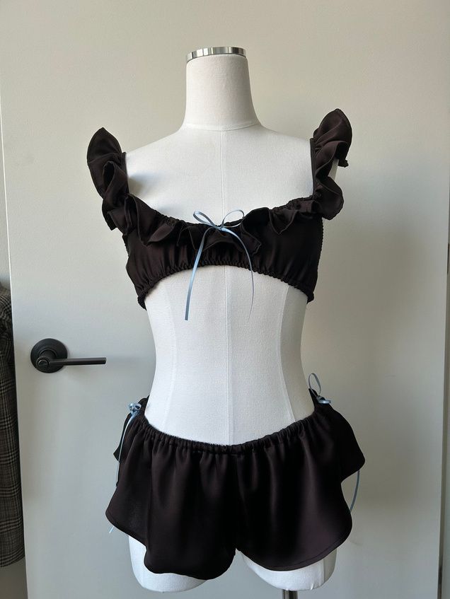 chocolate brown silk set with baby blue bows