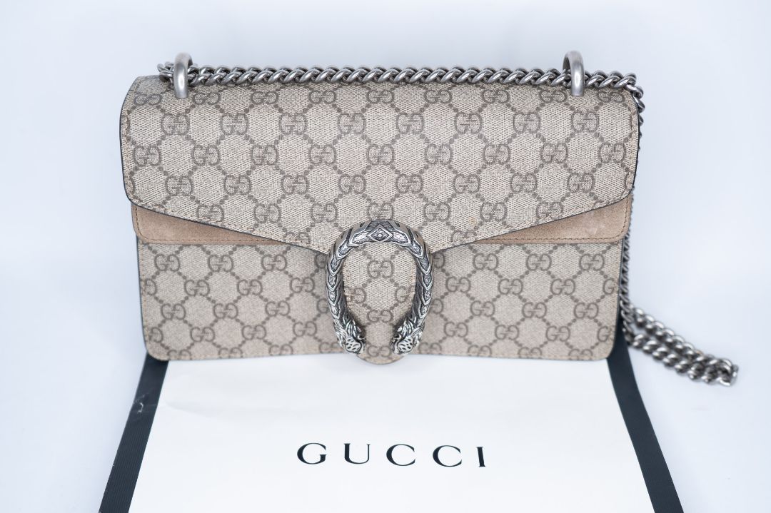 Taupe/Beige Gucci Gucci Shoulder Bag, Size: Small    •    Width: 11 in    •    Height: 7 in    •    Depth: 3.5 in    •    Chain Strap Drop (Double): 13 in    •    Chain Strap Drop (Single): 23 in – for shoulder or crossbody wear    •    Style Code: 400249