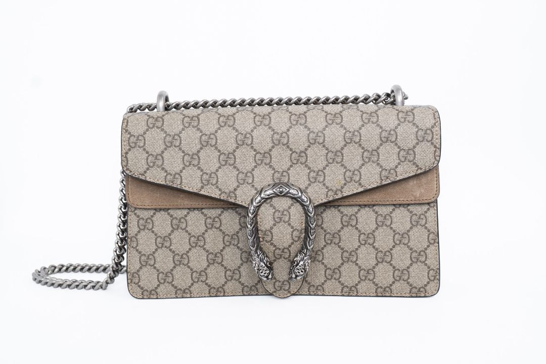 Taupe/Beige Gucci Gucci Shoulder Bag, Size: Small    •    Width: 11 in    •    Height: 7 in    •    Depth: 3.5 in    •    Chain Strap Drop (Double): 13 in    •    Chain Strap Drop (Single): 23 in – for shoulder or crossbody wear    •    Style Code: 400249