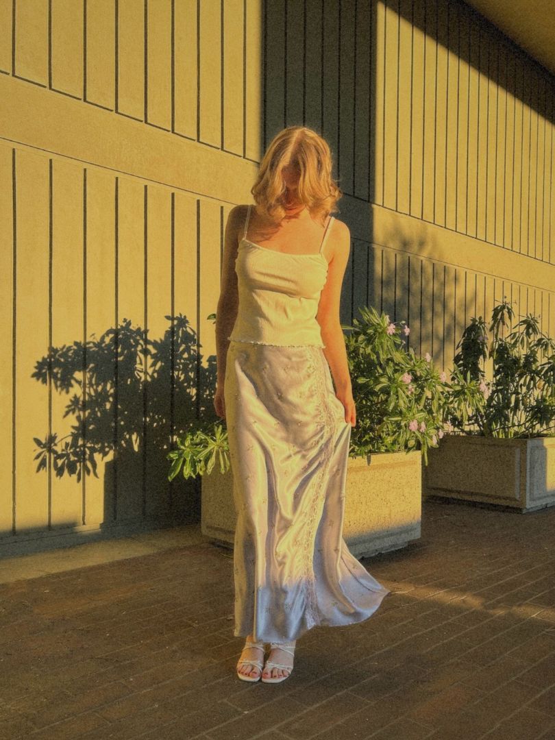floral PauperCo satin embroidered floral deadstock maxi skirt