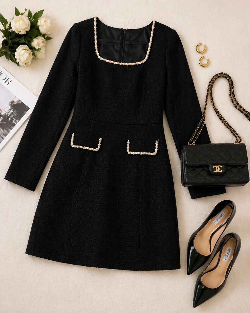 Black Pearl Trim Boucle Dress XL