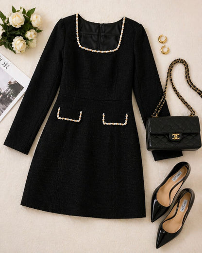Black Pearl Trim Boucle Dress XL