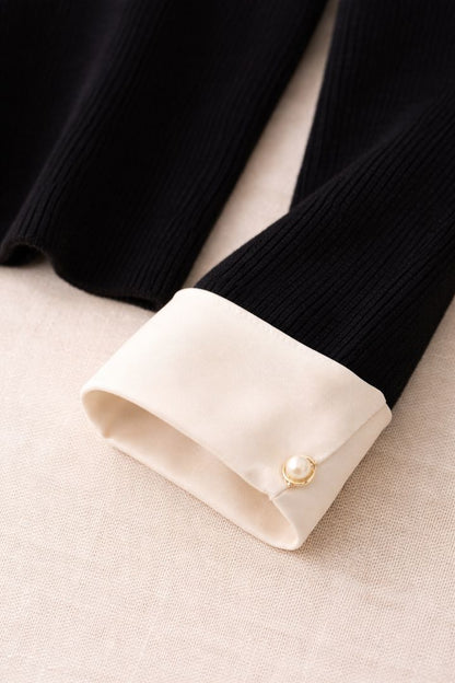 Commense Black Pearl Collar Ribbed Knit Top S