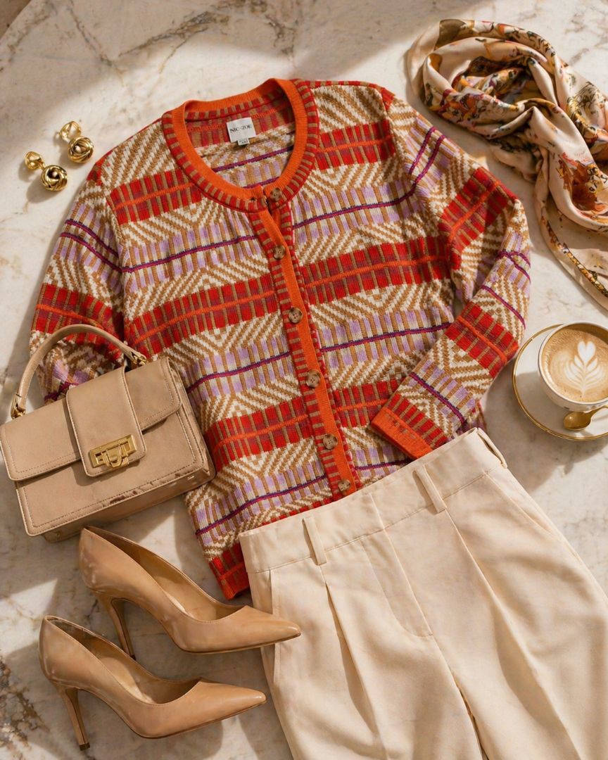 Nic + Zoe Burnt Orange Geometric Cardigan