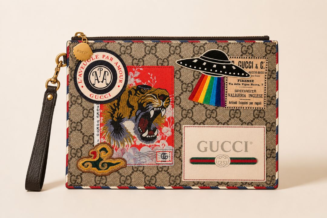 monogram Gucci supreme zip pouch wristlet