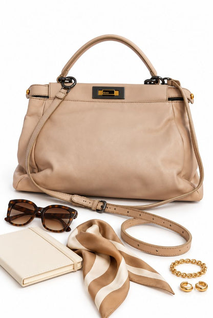 Fendi peekaboo large blush beige top handle with strap