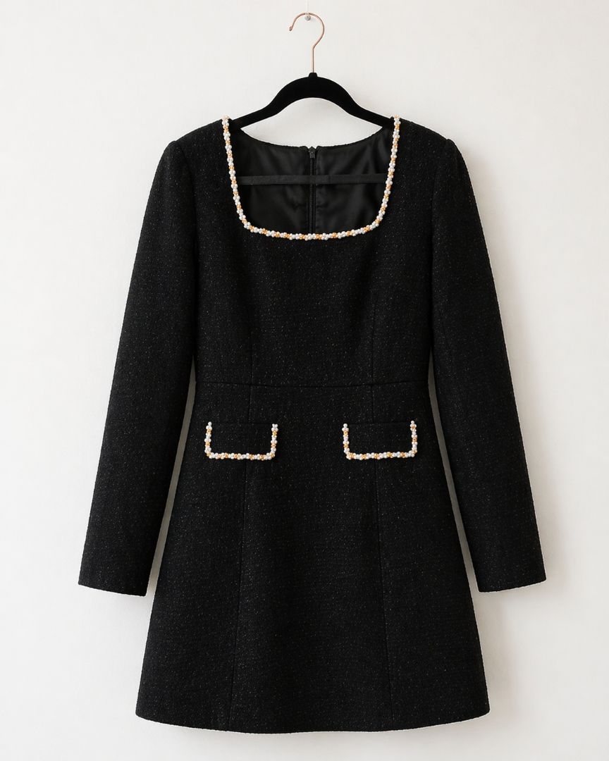 Black Pearl Trim Boucle Dress XL
