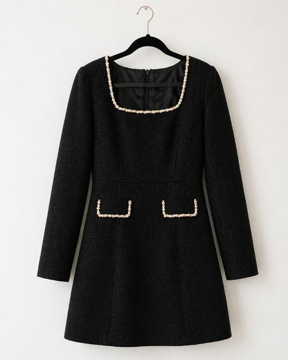 Black Pearl Trim Boucle Dress XL