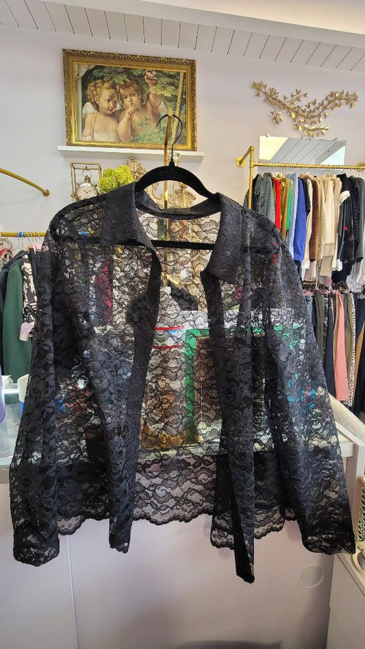 Lace Sheer Flower Pattern Jacket Top, Black - M