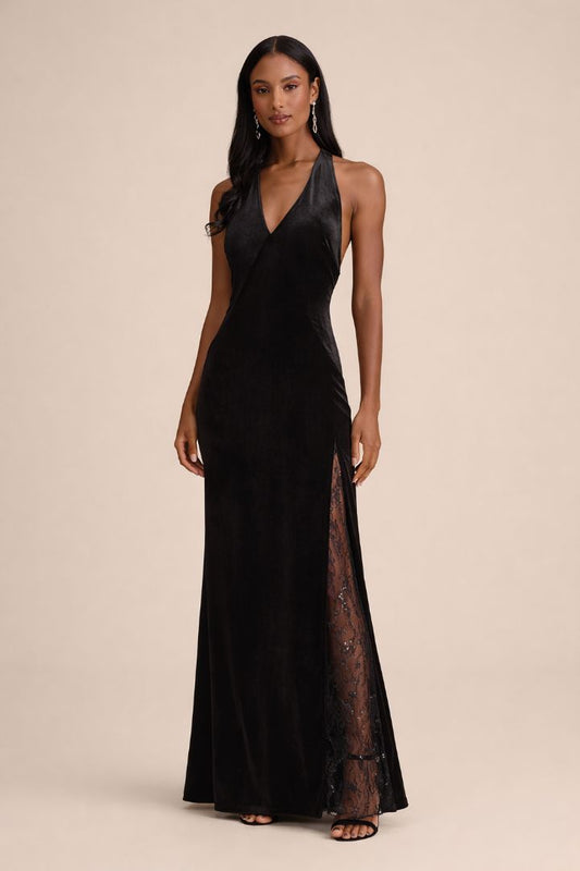 black Lulus Calisto Velvet Halter Mermaid Maxi Dress, S