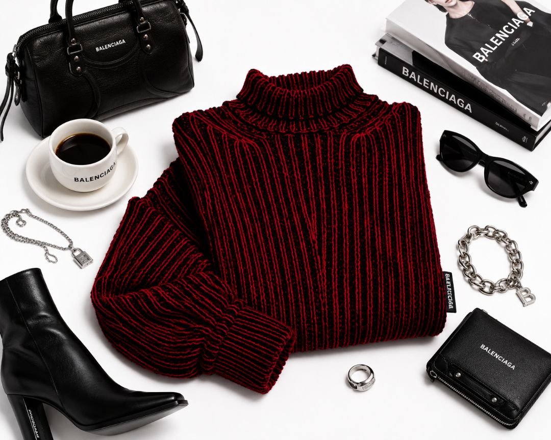 Crimson Red/Black Balenciaga Oversized Mock Neck Sweater, 34