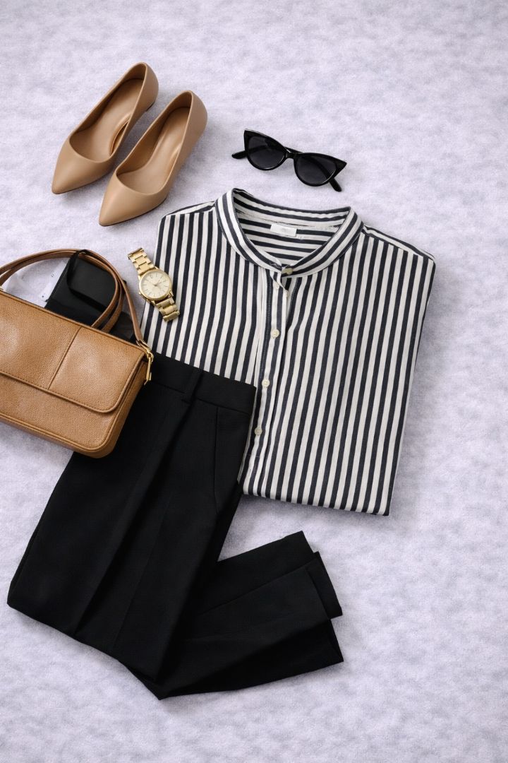 GAP Black White Stripe Band Collar Blouse