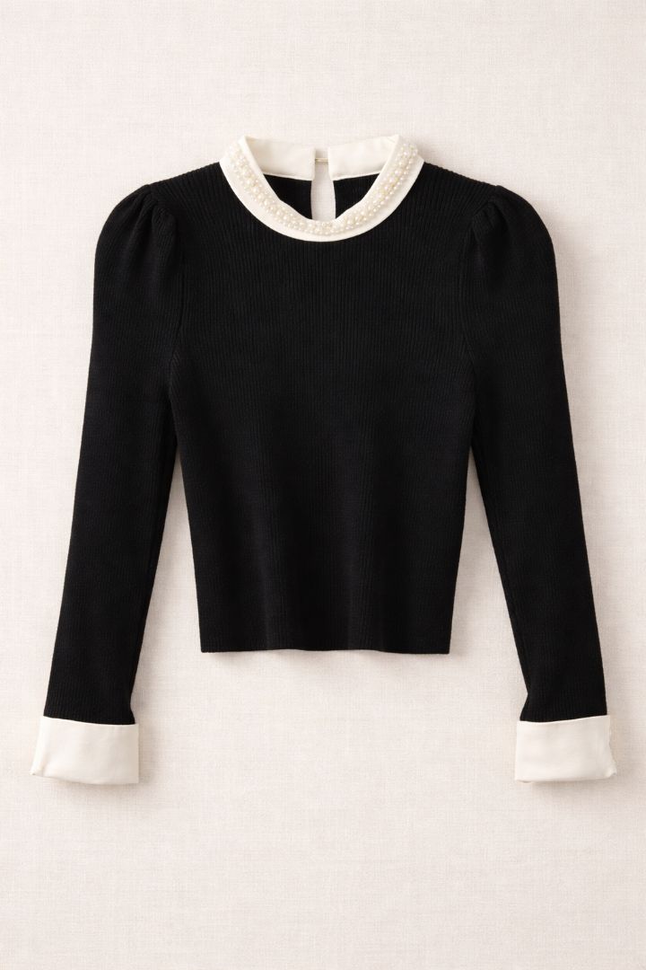 Commense Black Pearl Collar Ribbed Knit Top S