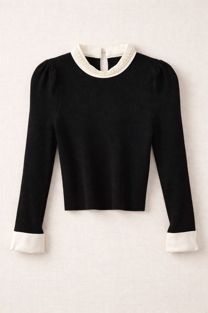 Commense Black Pearl Collar Ribbed Knit Top S