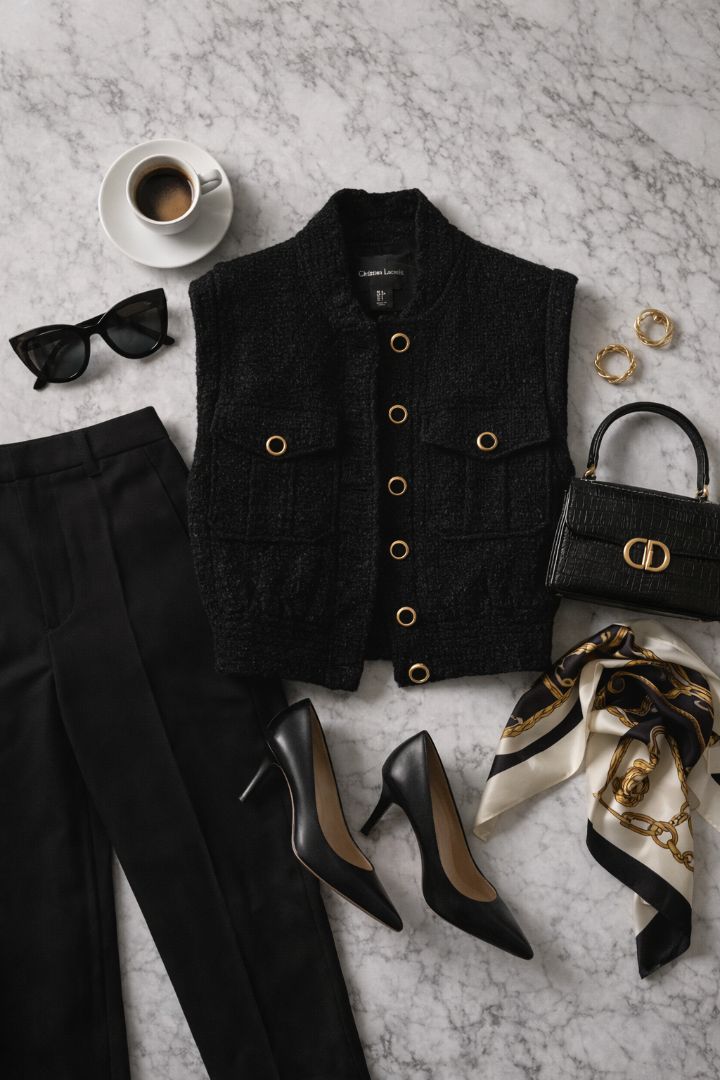 Christian Lacroix Black Boucle Tweed Vest S