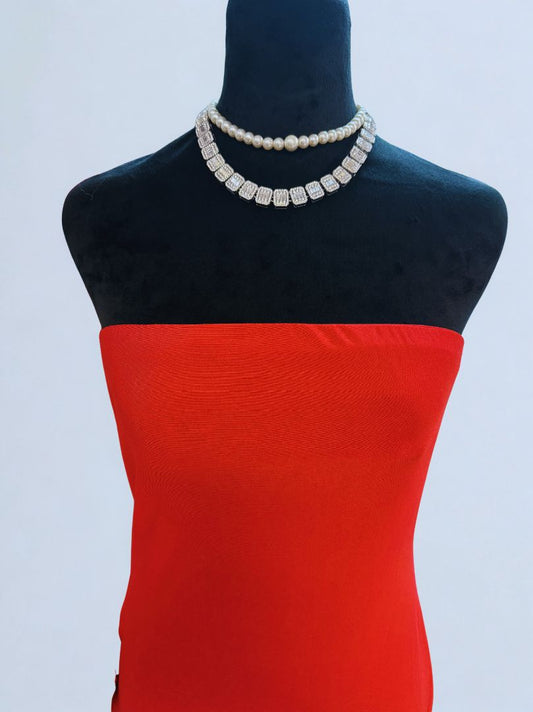 Scarlet red Alma King strapless rosette column gown with gloves