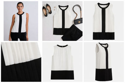 Calvin Klein Black White Pleated Blouse L