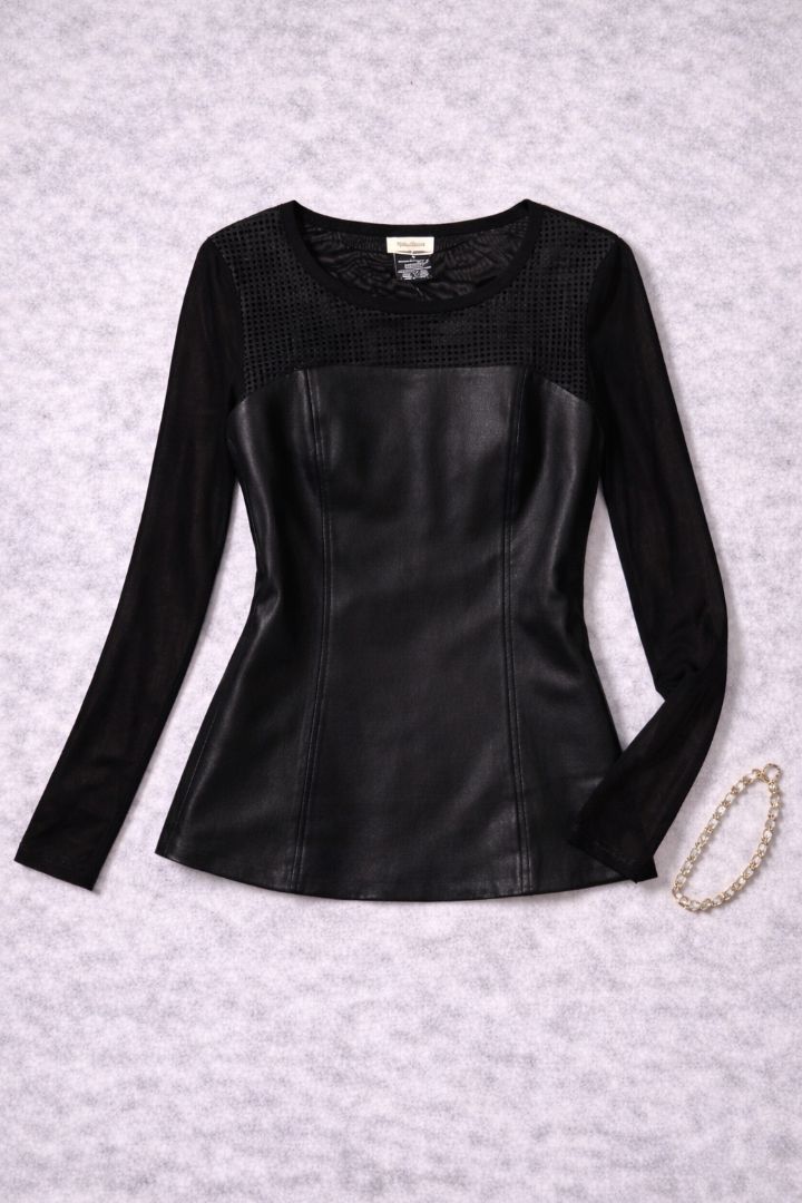 Neiman Marcus Black Leather Mesh Top
