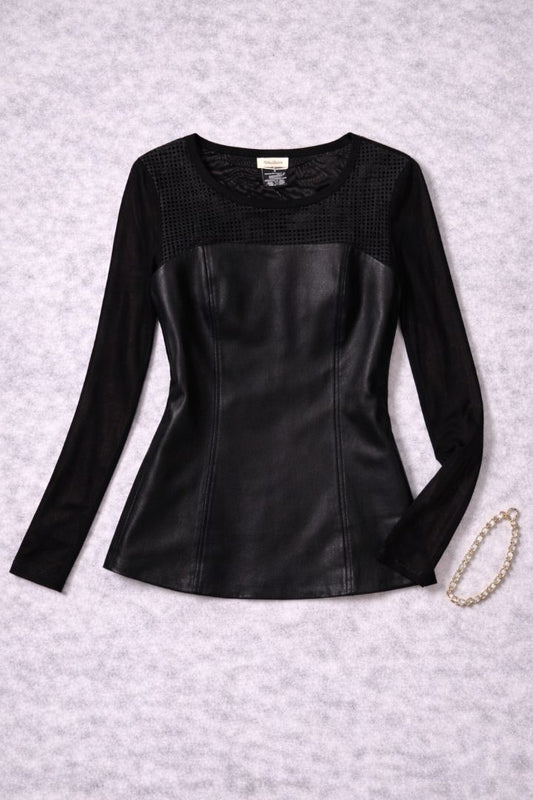 black Neiman Marcus sheer and leather top