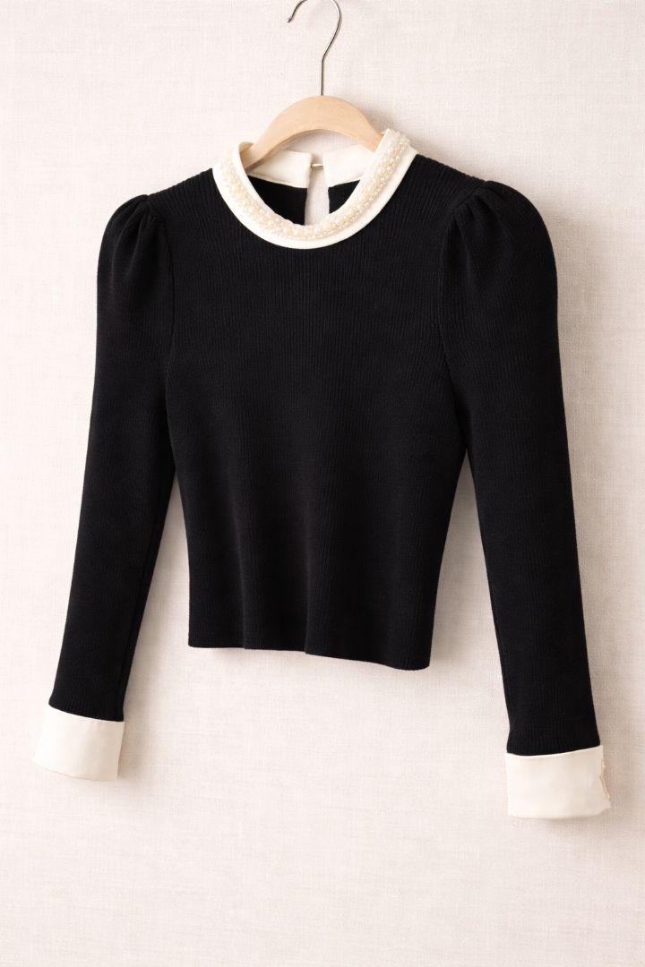 Commense Black Pearl Collar Ribbed Knit Top S