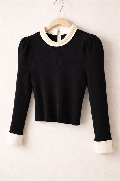Commense Black Pearl Collar Ribbed Knit Top S