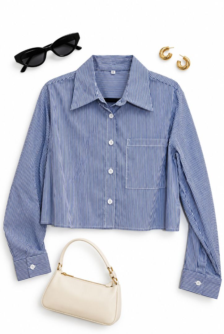 blue and white Luxecore cropped button down-shirt, multi
