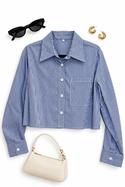 blue and white Luxecore cropped button down-shirt, multi