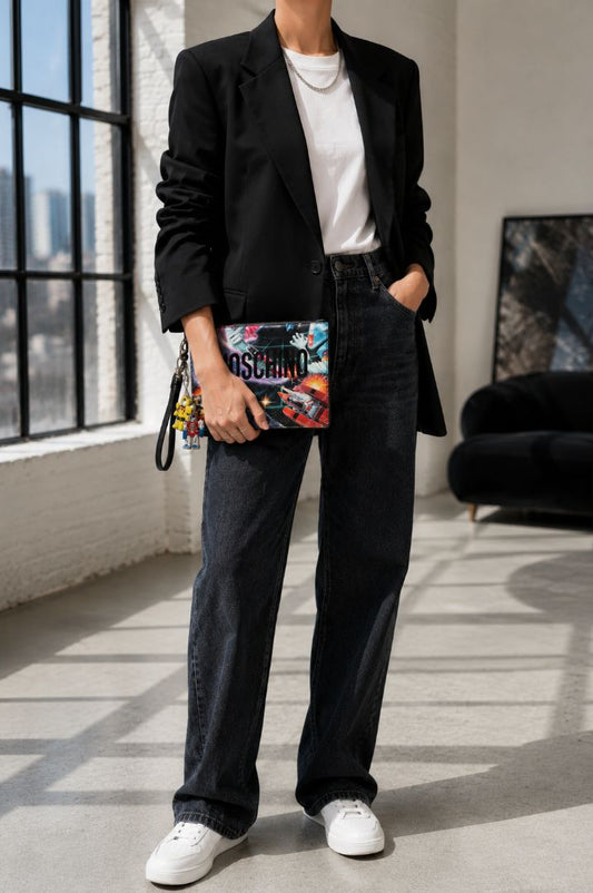 multicolor  print oversize pouch with charms