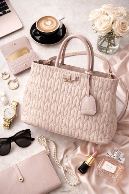 Miu Miu Blush Matelasse Bow Leather Tote