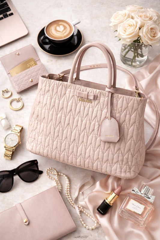 blush Miu Miu Matelasse Leather tote with bow detail and shoulder strap