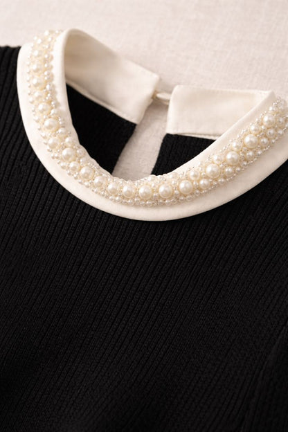 Commense Black Pearl Collar Ribbed Knit Top S