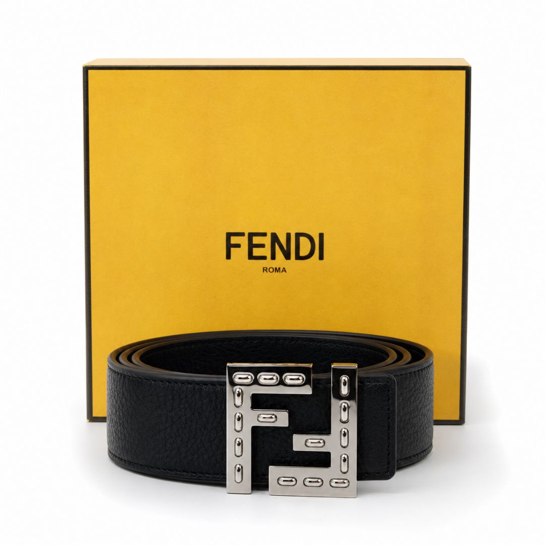 Fendi Embellished FF Buckle Black Leather Belt reversible