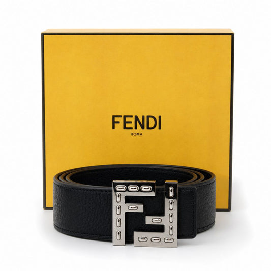 Fendi Embellished FF Buckle Black Leather Belt reversible