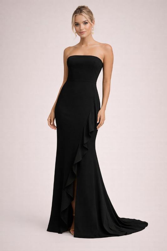 black Lulus Strapless gown with flap slit, L