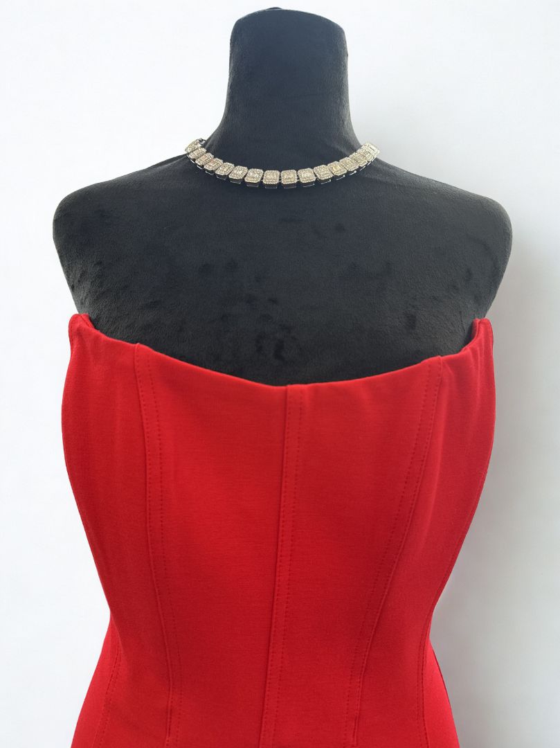crimson red Lexi structured strapless gown