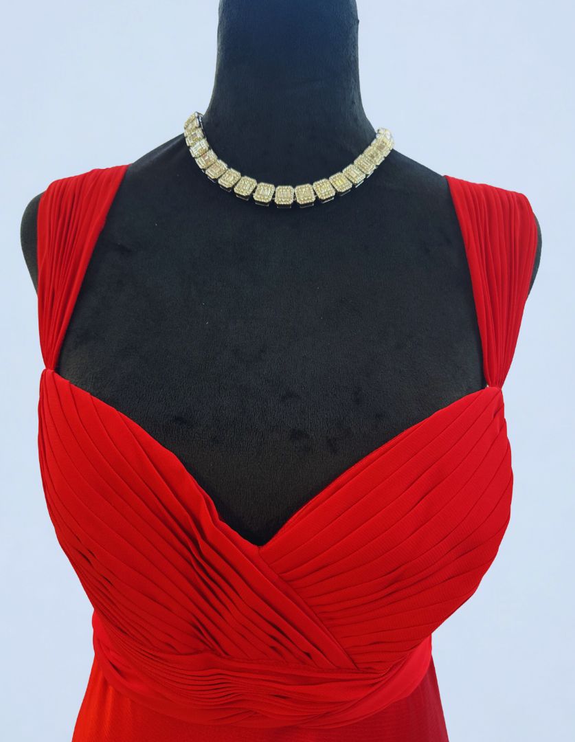 scarlet red ISSUE pleated bodice evening gown