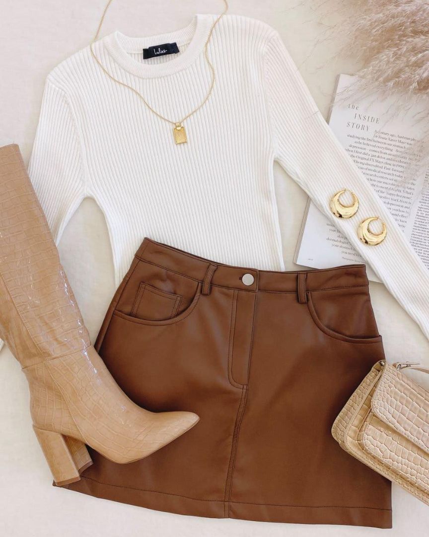 Kate Kasin Cognac Faux Leather Pencil Skirt