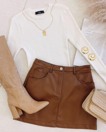 Kate Kasin Cognac Faux Leather Pencil Skirt