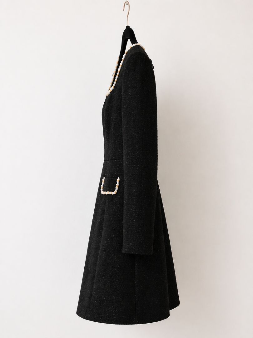 Black Pearl Trim Boucle Dress XL
