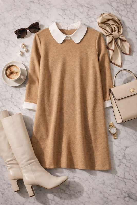 beige and white Tuckernuck collar shift dress, M